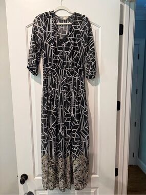 Moulinette Soeurs Black & White Geometric Print Maxi Dress with Floral Hem